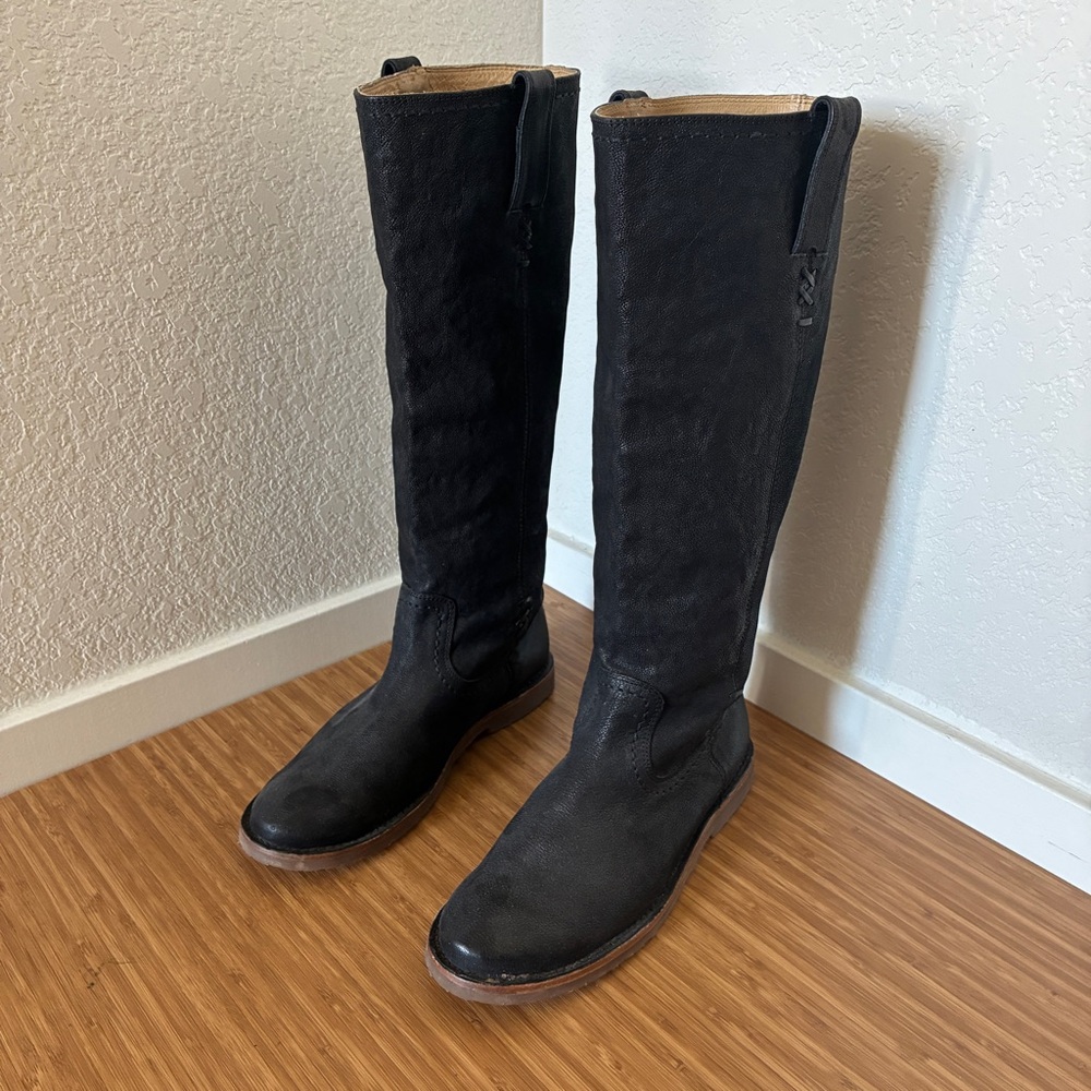 Frye Celia x Stitch Tall Leather Equestrian Riding Boots Distressed Black W9